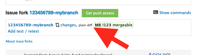 Arrow pointing to link to text file of merge request changes